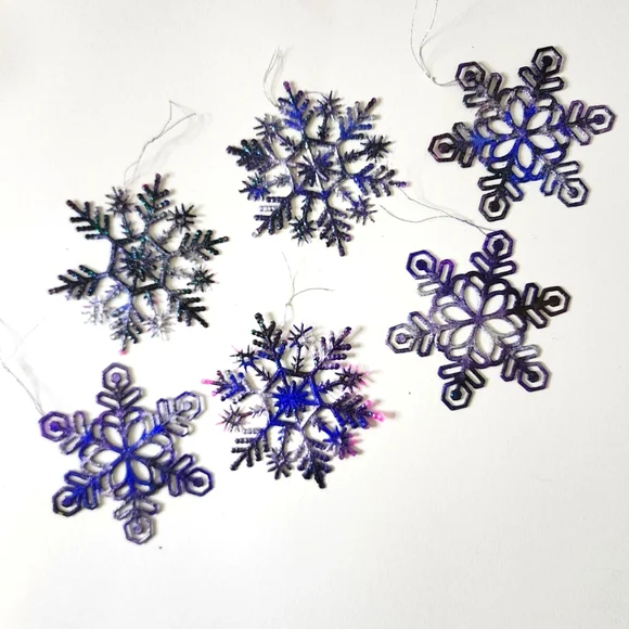 6 HANDCRAFTED Upcycled Plastic Snowflakes HANDPAINTED Holiday Ornaments Decor - Picture 1 of 17